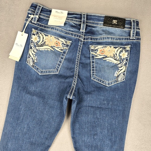 Miss Me Jeans Womens 33x31 Blue Mid-Rise Straight Embroidered Rhinestone Floral - Picture 1 of 16